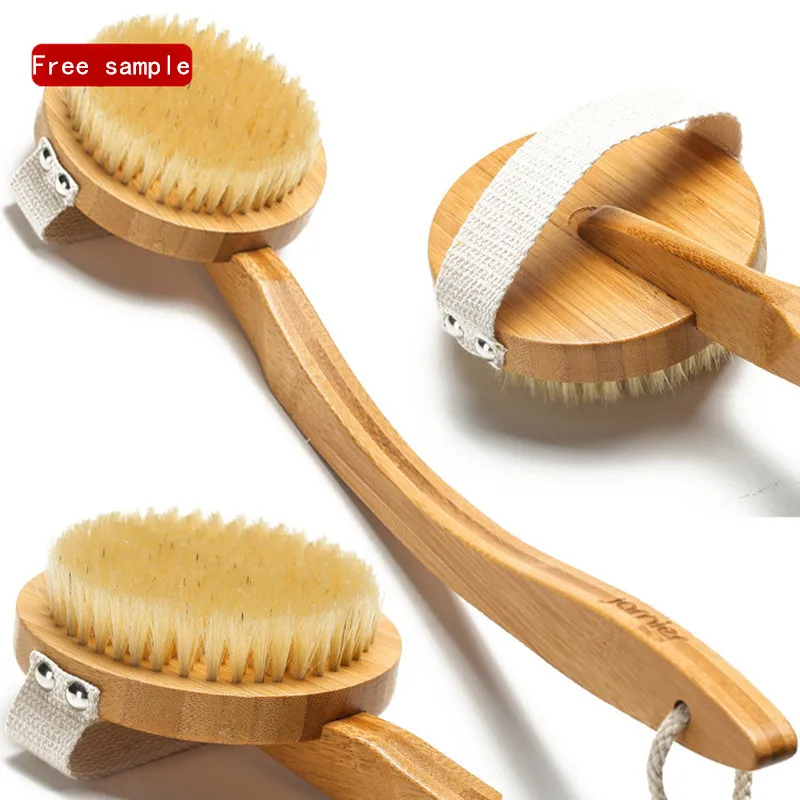 Removable Natural  High Quality Sandal Wooden Bristle Shower Bath Dry Body Bath Brush With Long Bending Wood Handle body brush