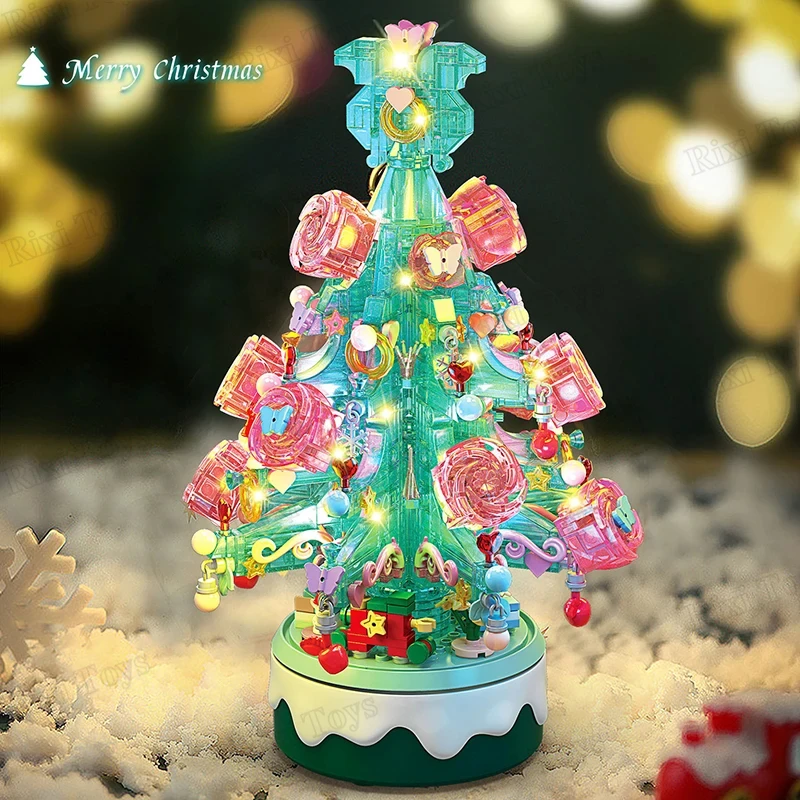 LELE BROTHER 9017/9018 Creative And Fun Christmas Tree Lighting Music Box Decoration Toys Gifts for gril Building Blocks Sets