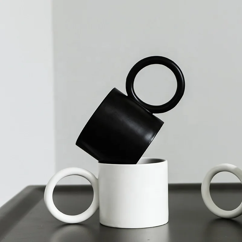 Matte Glazed Big Ring Round Handle Ceramic Coffee Cup Speckled Big Ear Mug Matt Black And White Ceramic Coffee Mug