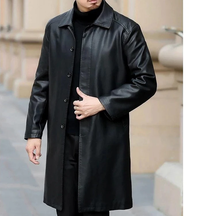 Winter Casual Thick Fleece Parkas Warm Faux Long Leather Jacket Men Leather Trench Coat