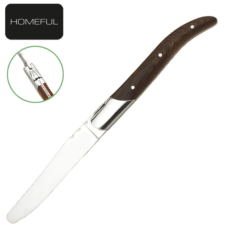 French style laguiole steak knife 420 steel round tip serrated blade with natural wood handle