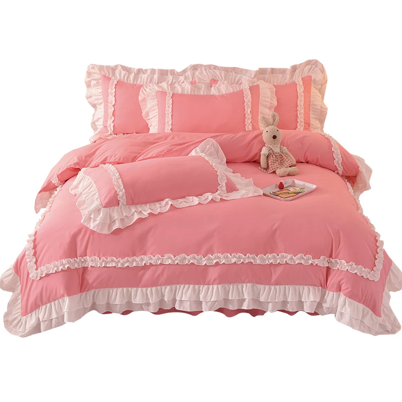 Romantic pink Duvet Cover Set with Bed Skirt Lace Ruffle Chic Bedding Sets Queen 4 Piece bed sheets sets duvet cover 100% cotton