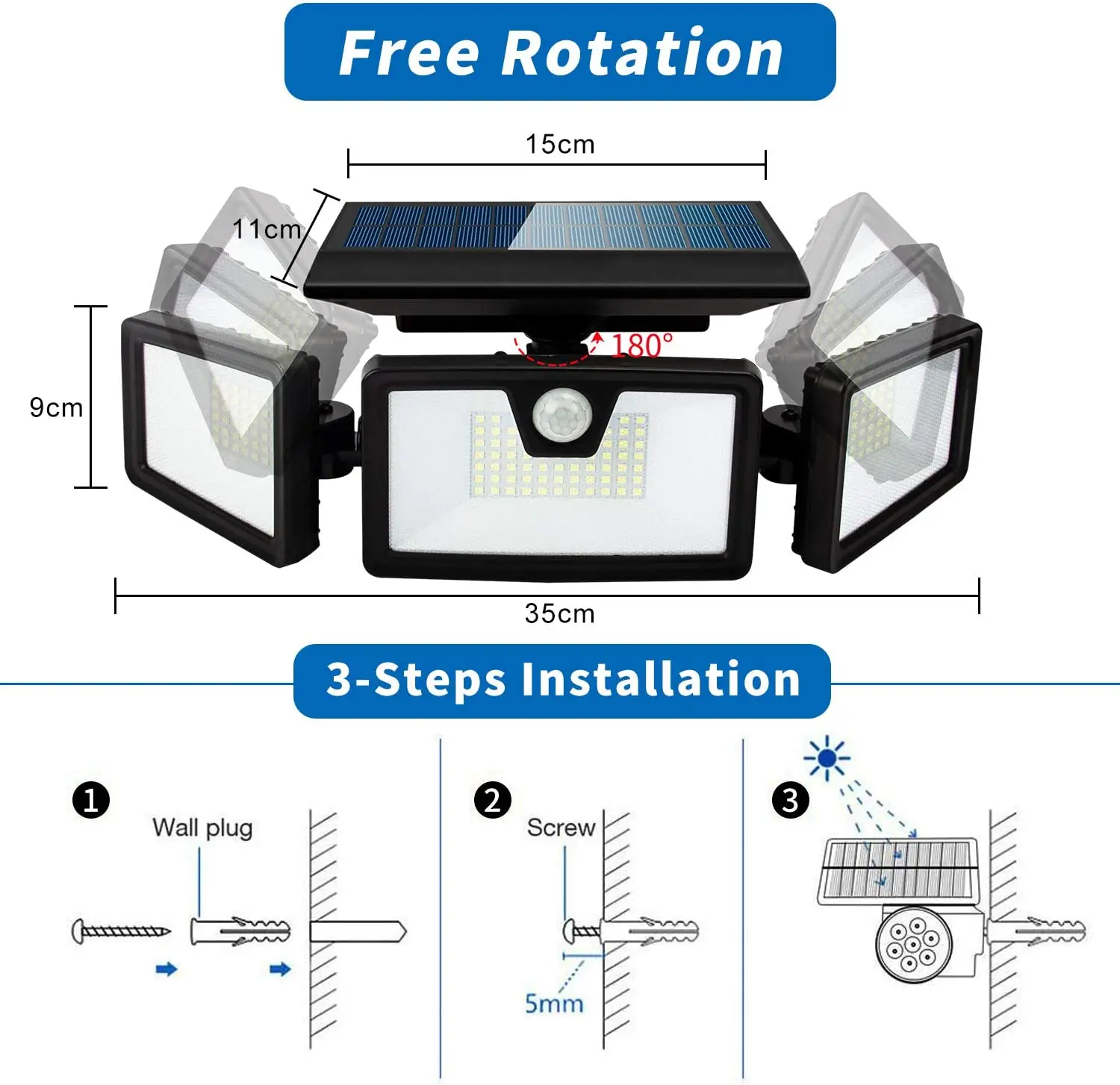 
Solar Lights Outdoor, 132 LED 800LM Wireless LED Solar Motion Sensor Lights Outdoor, 3 Adjustable Heads 