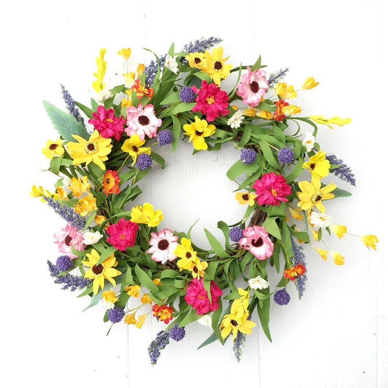 Artificial Sunflower Wreath Summer Fall Large Wreaths Around Flower Green Leaves for Front Door Indoor Wall Or Window Decor