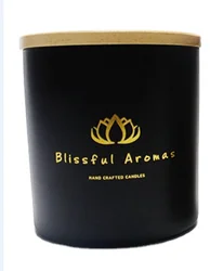 FengJun luxury matte black and Frosted glass candle jar with wood lid custom LOGO spray decal candle vessels with lid