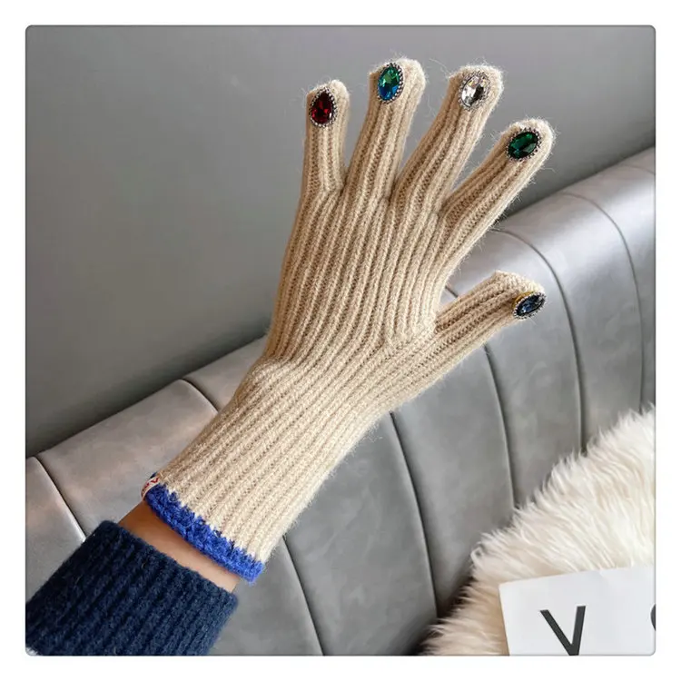 Qushine Rhinestone knitted gloves mittens female winter lovely personality warm woolen gloves girl