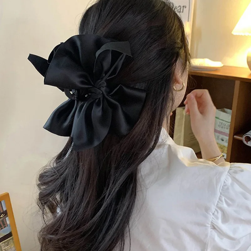 New French Retro Hepburn Style Female Grab Clip Back Large Shark Clip Satin Bow Headwear Hairpin Hair Accessories  Hair Claw