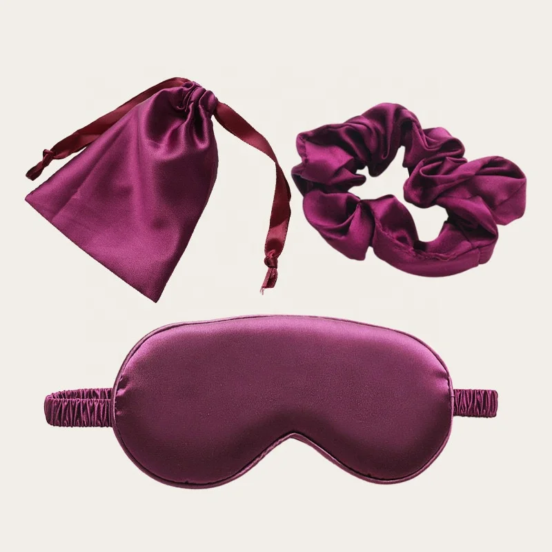 New Design Double Sided Satin Silk Eye Shade Eymask Satin Headband Wraps Silk Sleep Eye Mask Travel Eye Mask And Scrunchies Set