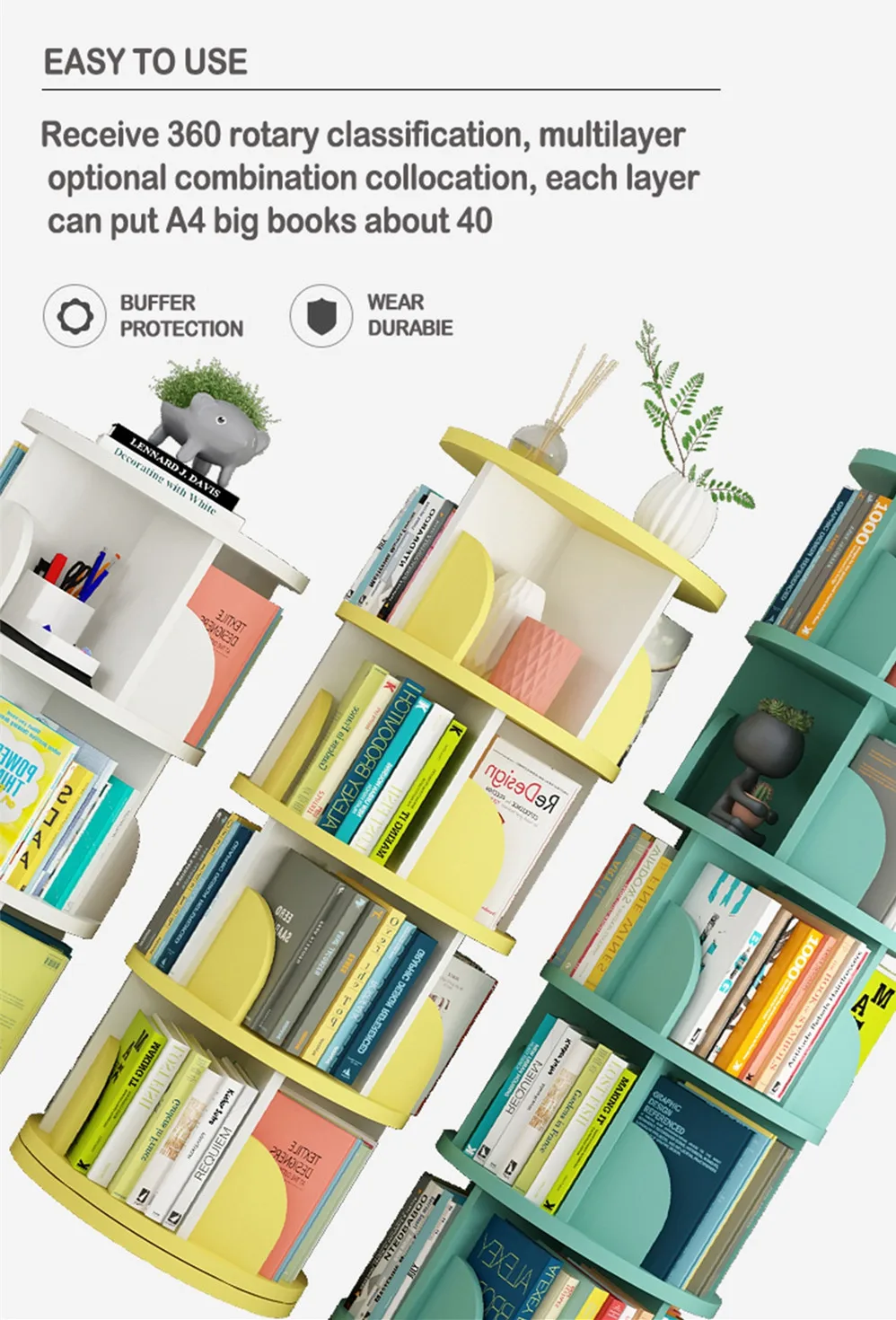 solid color Rotating bookshelf floor 360-degree simple book shelving for children student bookcase