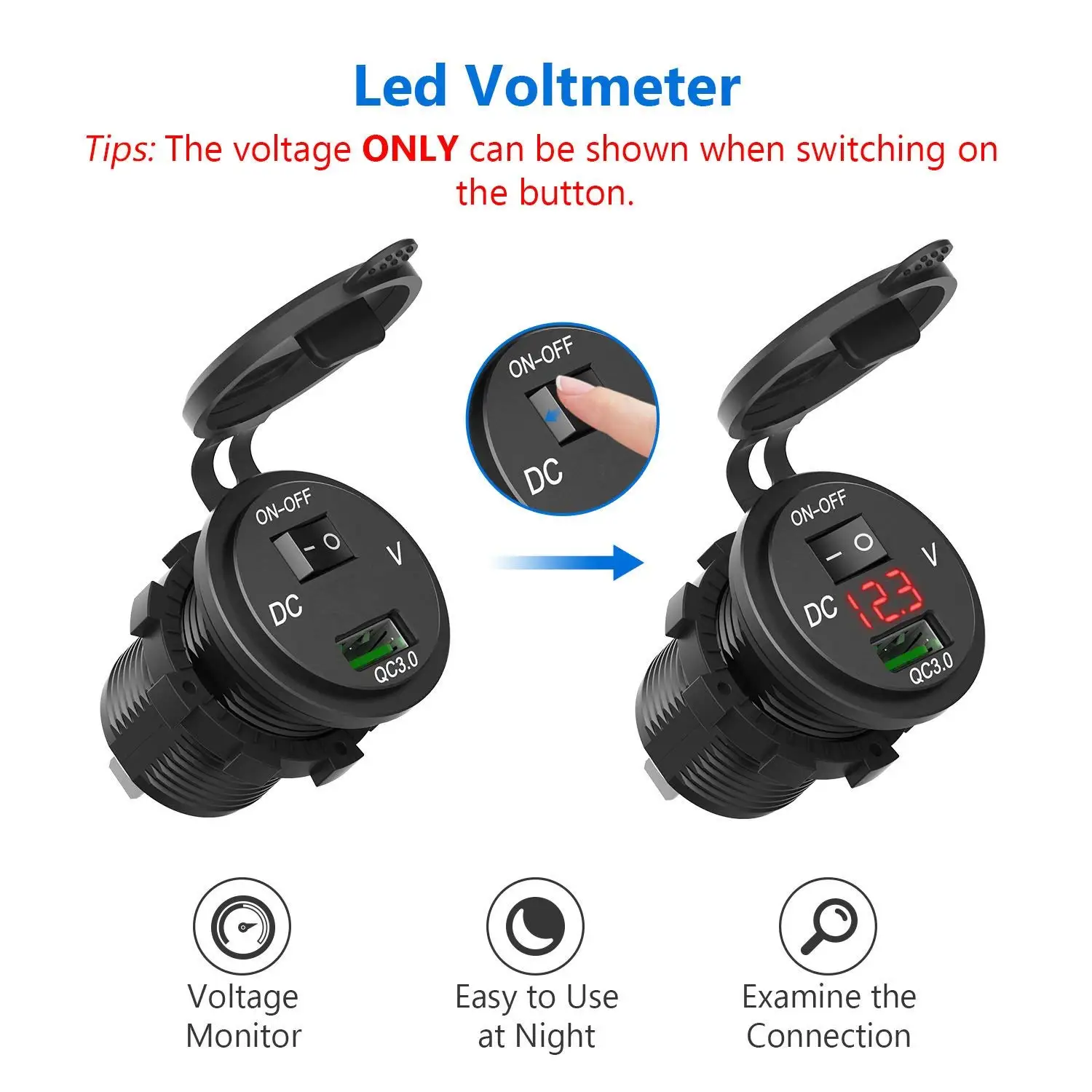 12V -24v Single USB charger with voltmeter and button ON-OFF control switch for car marine boat