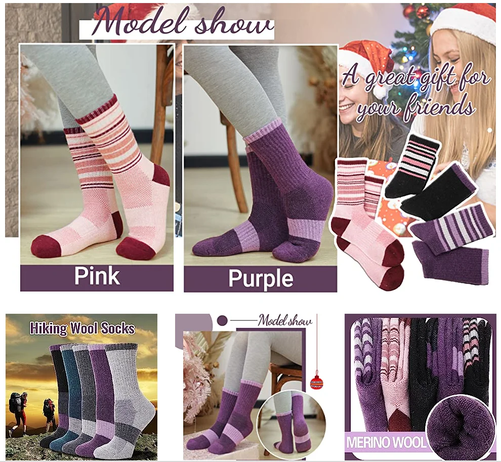 Womens stripe dress  Merino Wool Hiking Socks Thermal Warm Winter Boot Crew Cushion Work Gift Socks 5 Pairs