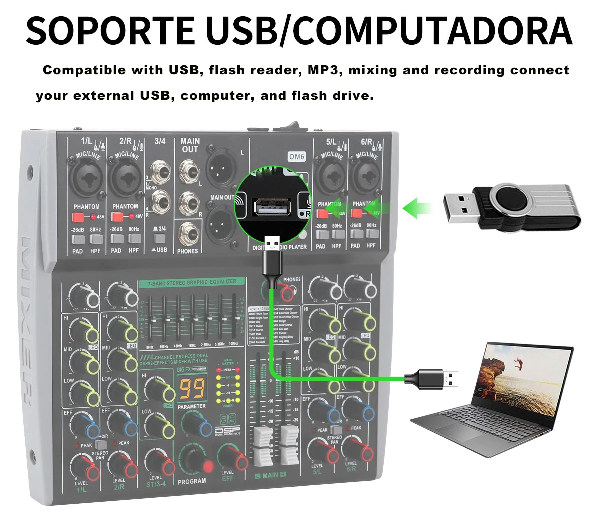 6 Channel DJ Audio Mixer with 99 DSP Reverb effect BT 5.0 USB Mixer USB for karaoke PC recording Microphones