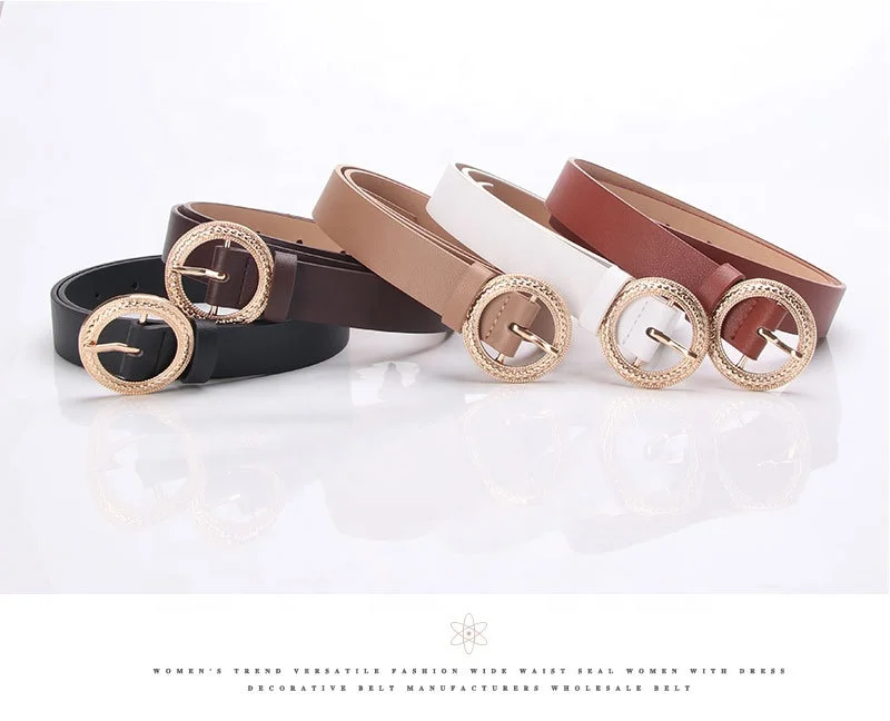 Round Alloy Buckle Belts for Women PU Leather Waist Belts Ladies Waistband for Jeans