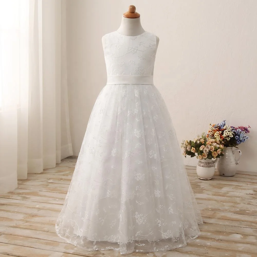 hot seller A line lace flower girl dress for wedding communion white dress