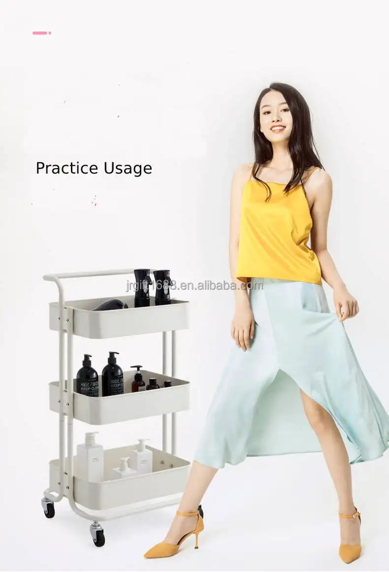 3 Tiers Home Furniture Trolley with Handle Metal Rolling Utility Kitchen Cart Trolley