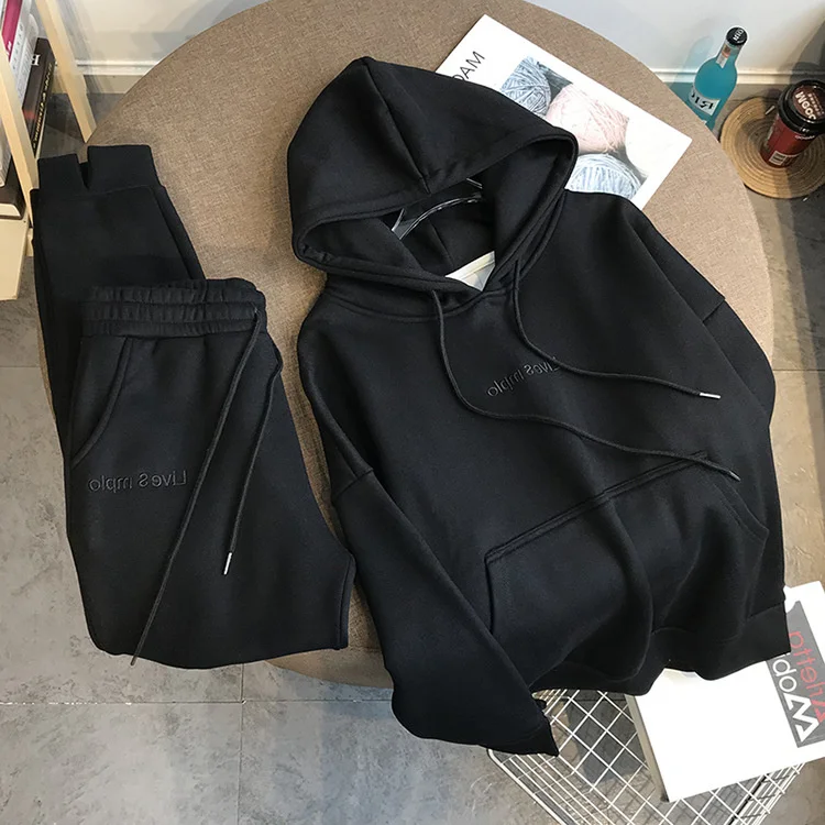 Custom Logo Wholesale Cotton Long Sleeve Womens Embroidery Jogger Sports Leisure Suit 2 Piece Unisex Sweatpants And Hoodie Set