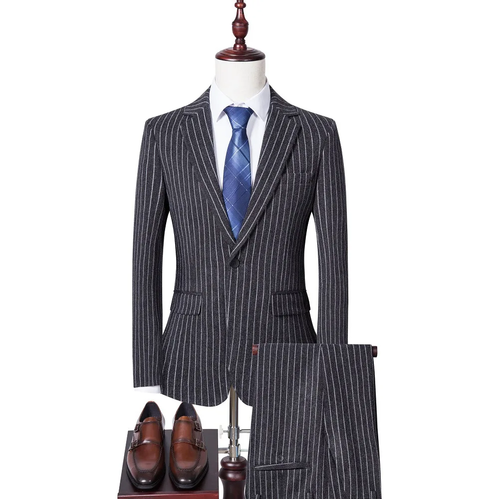 Navsegda 2021 new mens slim business casual vertical stripe suit suit woolen suit two sets spring and autumn for men
