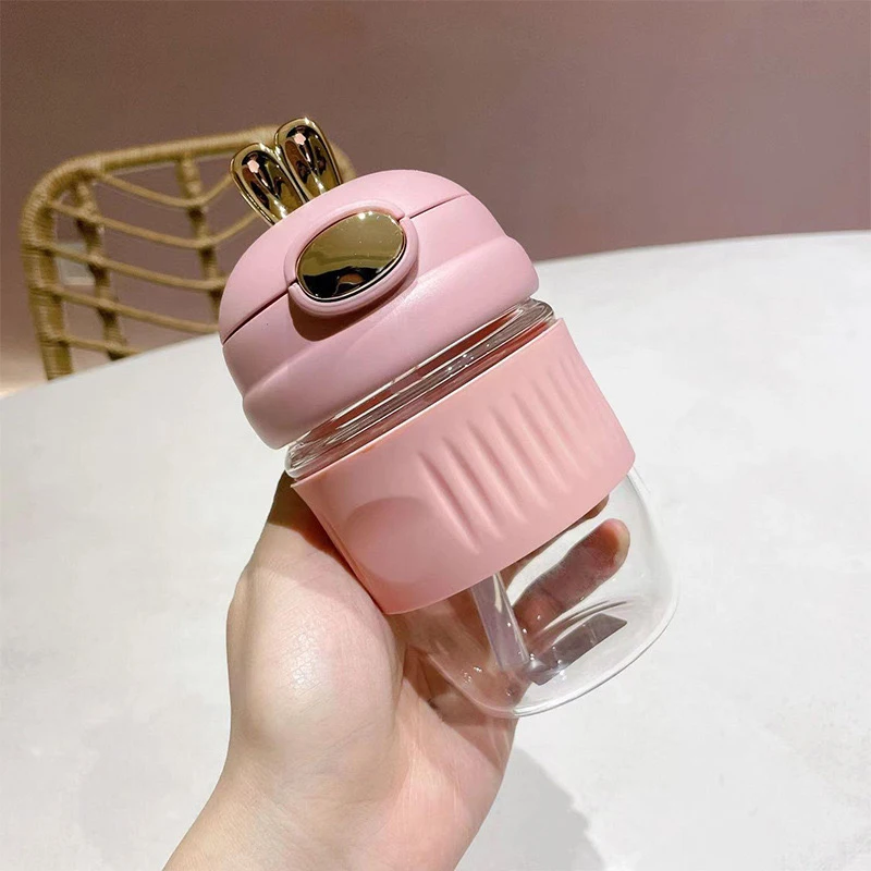 Hot Selling Eco-Friendly Rabbit Borosilicate Coffee Mug 400ml Food Grade Silicone Soft Straw Customizable Gift Box