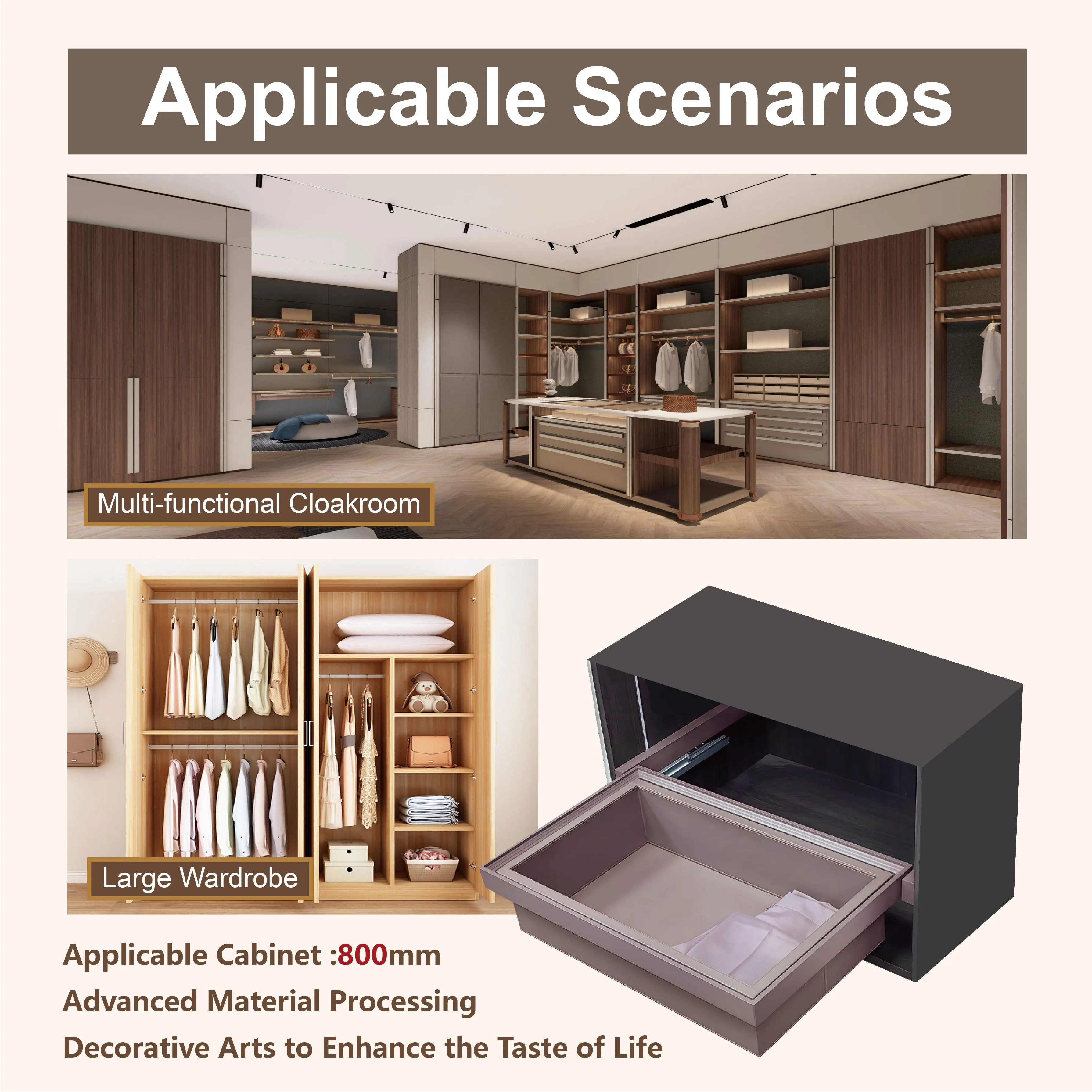 Wardrobe Clothes Organizer Aluminum Frame Drawer with Soft Close Shoe Shelves Luxury Mocha Sliding Out Leather Basket