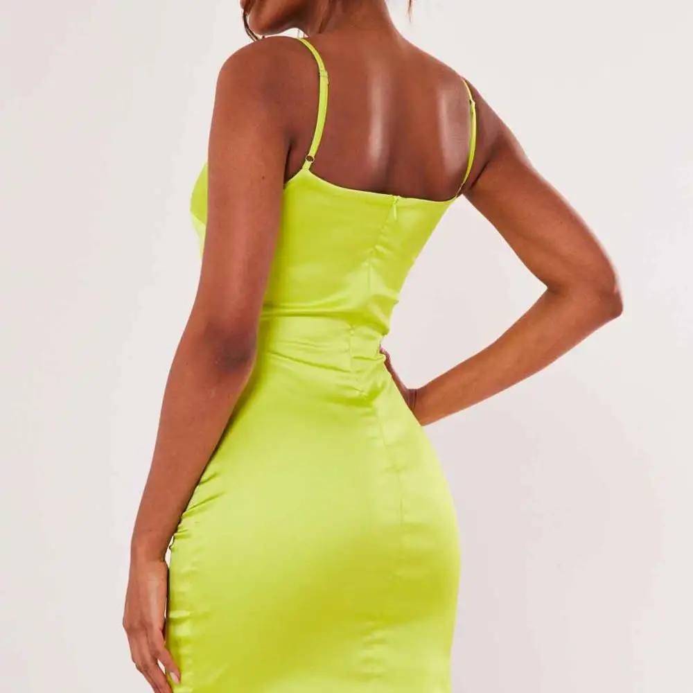 
custom summer women sexy neon green slip stretch satin bodycon mini dress 