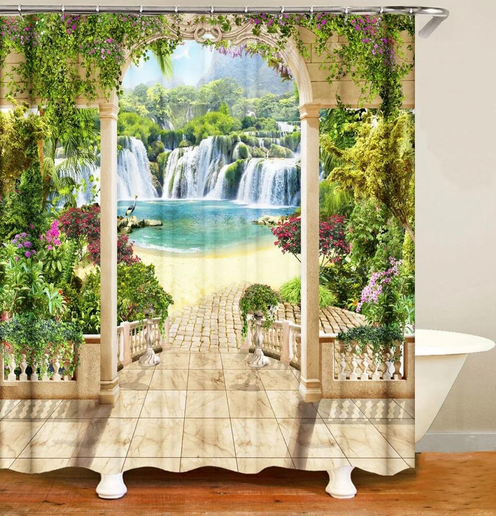 i@home 3d nature waterfall flowing to lake in the forest shower curtain 180cm x 180cm polyester