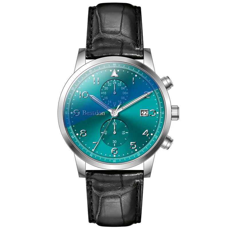 Trend design classical sports waterproof Genuine Leather men quartz watches wristwatches with Two Time Zone