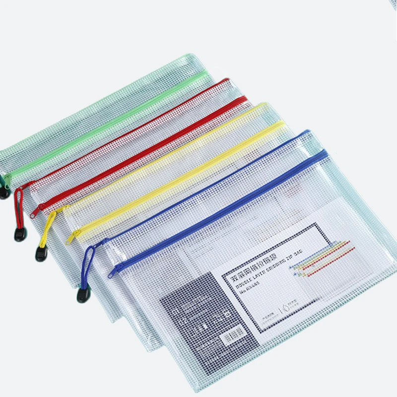 PVC waterproof transparent zipper file bag  double layer mesh zipper document bag Custom logo
