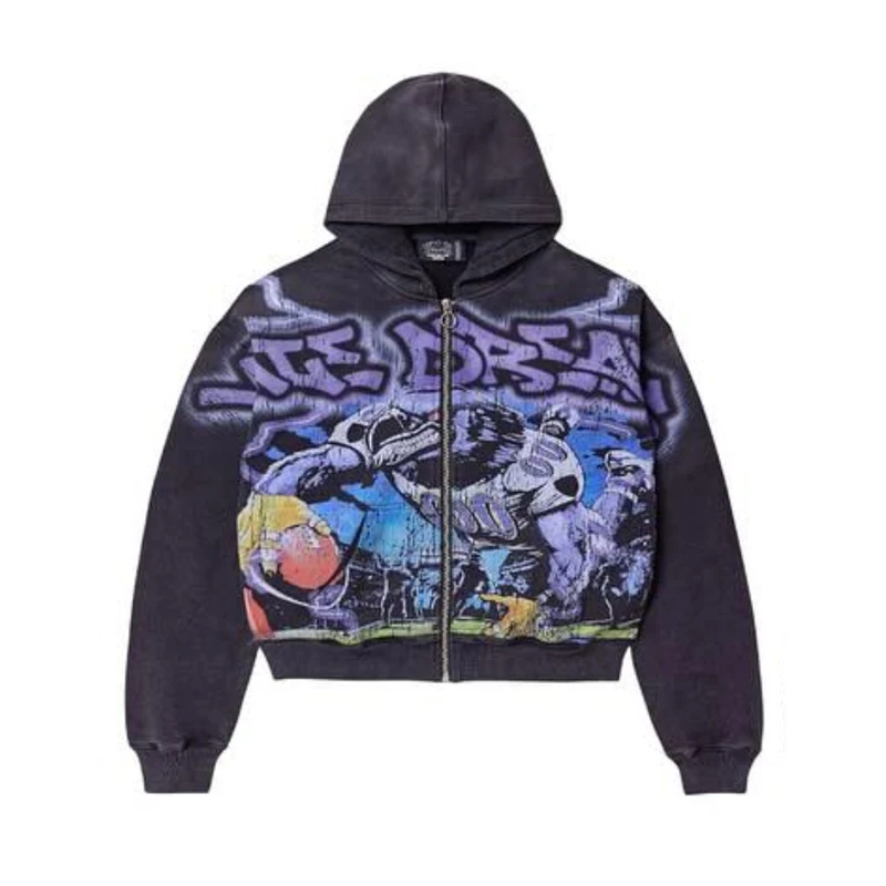 Custom Top Quality All Over Printed Graffiti Hoodie Zip up Vintage Wash Distressed Sweatshirt for Man