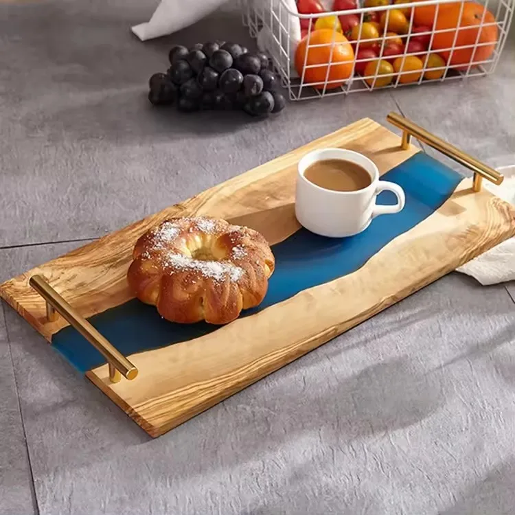 Epoxy Wood Resin Tray Home Olive Wood and Resin Serving Trays with Metal Handle Kitchen Fruit Bread Steak Board Cutting Board