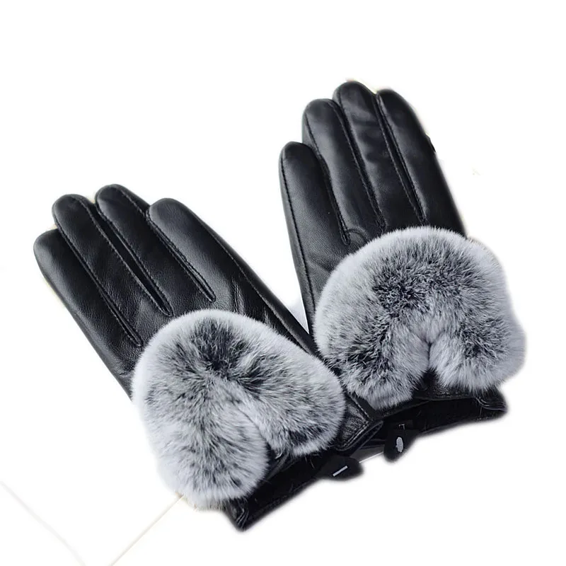 Winter Women Genuine Sheepskin Leather Gloves With Rex Rabbit Fur Trimming Fashion Warm Female Hand Warmer Femme Gloves