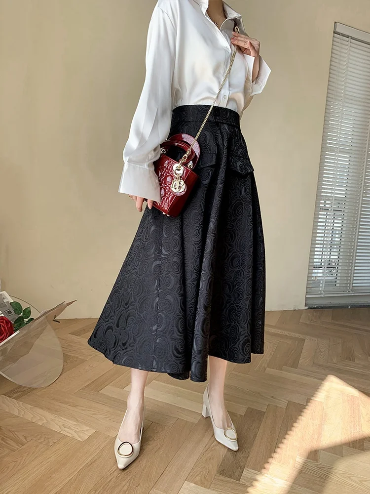 Black Skirt Ladies 2023 Hepburn style high waist vintage satin jacquard pocket skirt