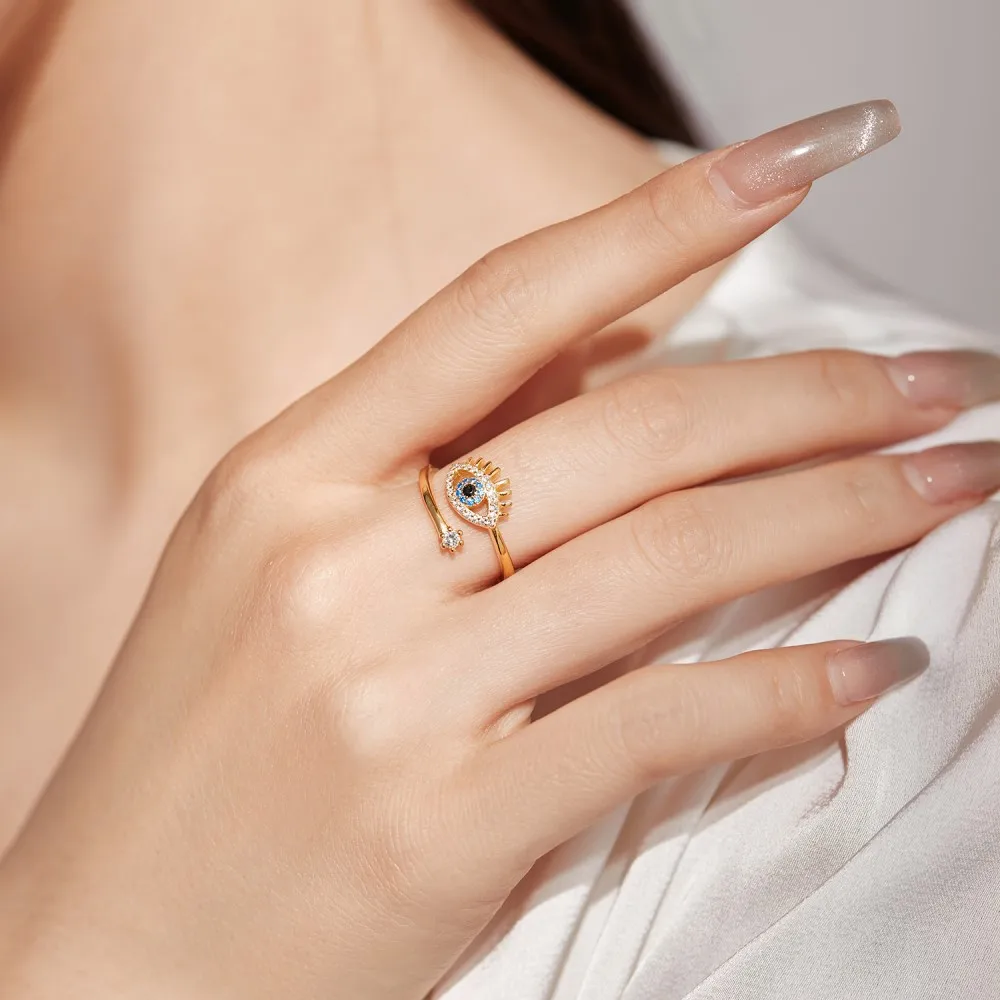Popular Wholesale 925 Sterling Silver Fine Jewelry 18K Gold Plated Zircon Pave Blue Evil Eye Rings Adjustable