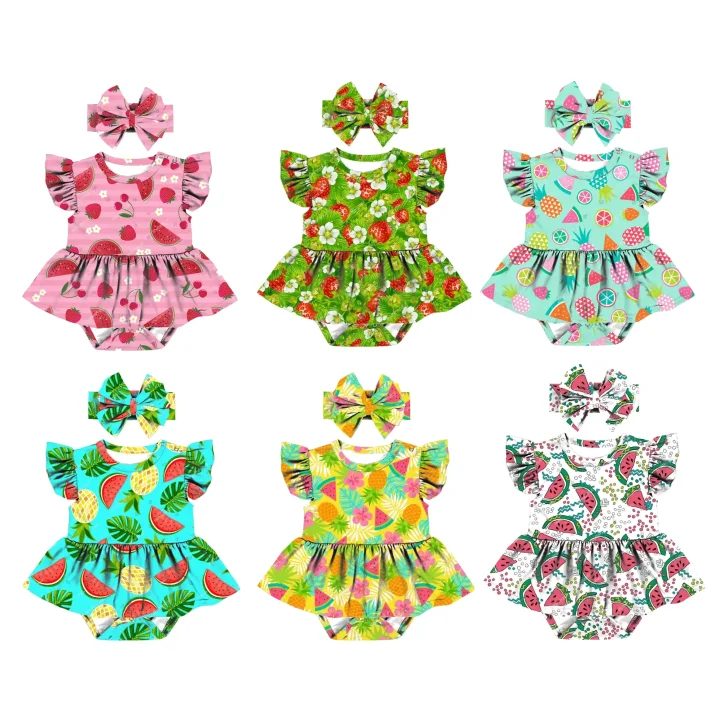 2023 Custom Print Toddler Baby Girls Flutter Short Sleeve One Piece Skirted Romper Bodysuit Outfit