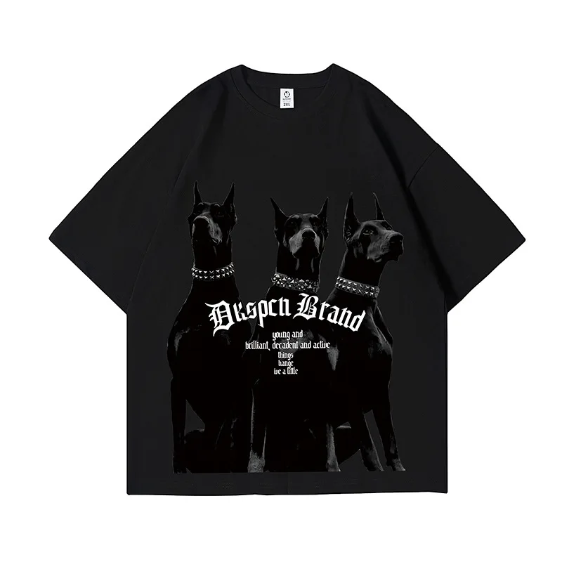 Fashion Black High Street Series 100% Cotton black T Shirt Front Animal Pattern Loose Plus Size Breathable T Shirts