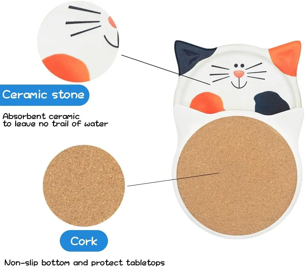 Funny Drinks Absorbent Cat Shaped Lovers Unique Gift Ideas handmade ceramic tile coasters Set for Bar Dining Table Decor