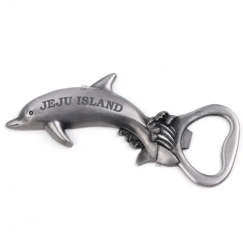 Custom Designed Printed Logo Dolphin Shaped JEJU Island Beach Metal Souvenir Bottle Opener Magnet