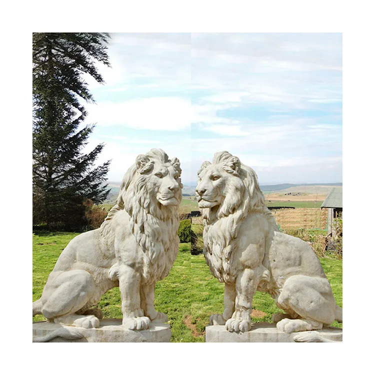 Hot Selling Handmade Animal Sculpture Life Size White Marble Sitting Lion Statues for Sale