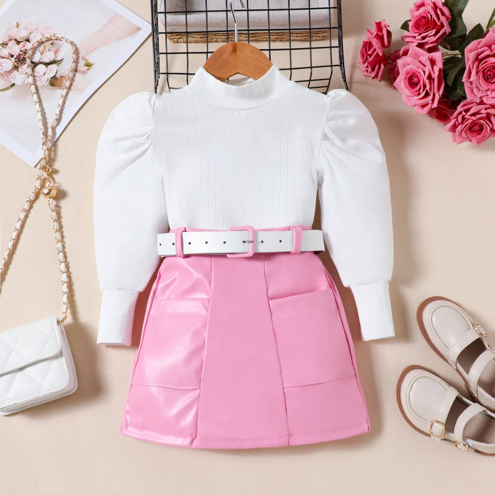 Girls autumn clothes outfits Children bubble sleeve top + PU leather skirt + leather belt three-piece set