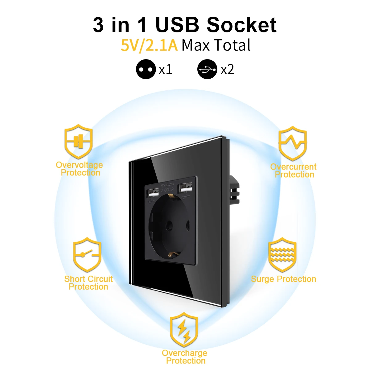 EU 2.1A USB Panel Mount Power Socket French Standard Wall Socket With Dual USB Type A Port