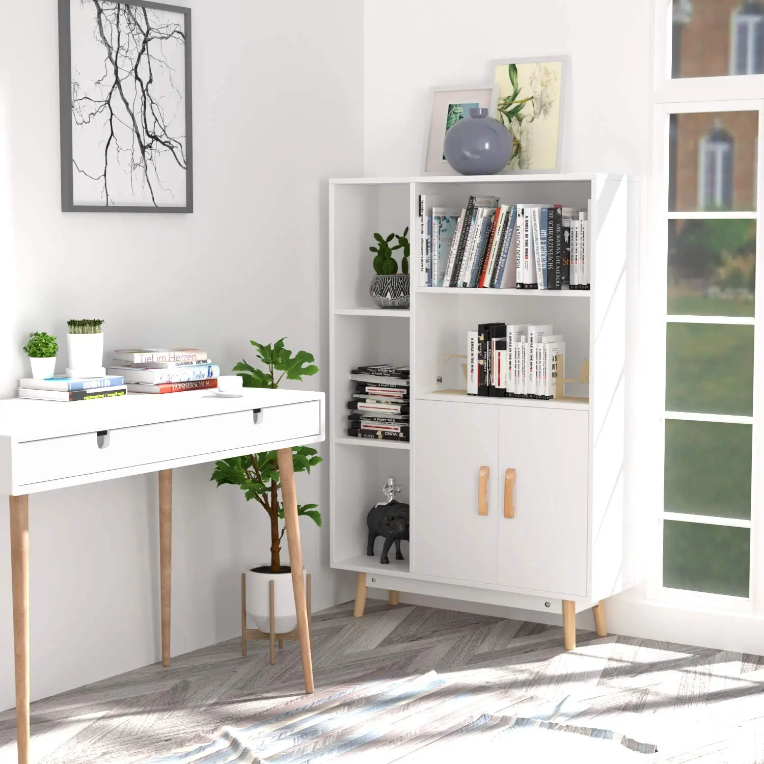 Nordic bookshelf simple modern home living room storage locker students floor combination bookshelf
