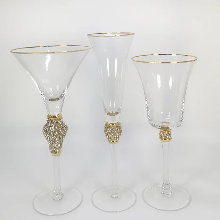 Diamond Gold Rimmed Wine Glasses Set  Wine Glass with Rhinestone Design and Gold Rim