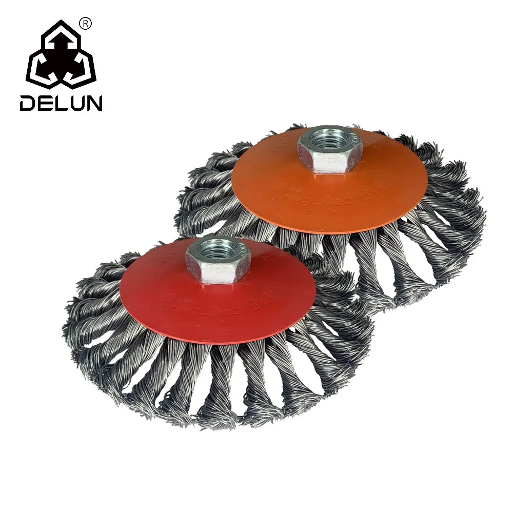 DELUN Professional 4-Inch Knotted Bevel Brush Steel Bristle International Standard MPA for Polishing 3-Inch Bristle Length