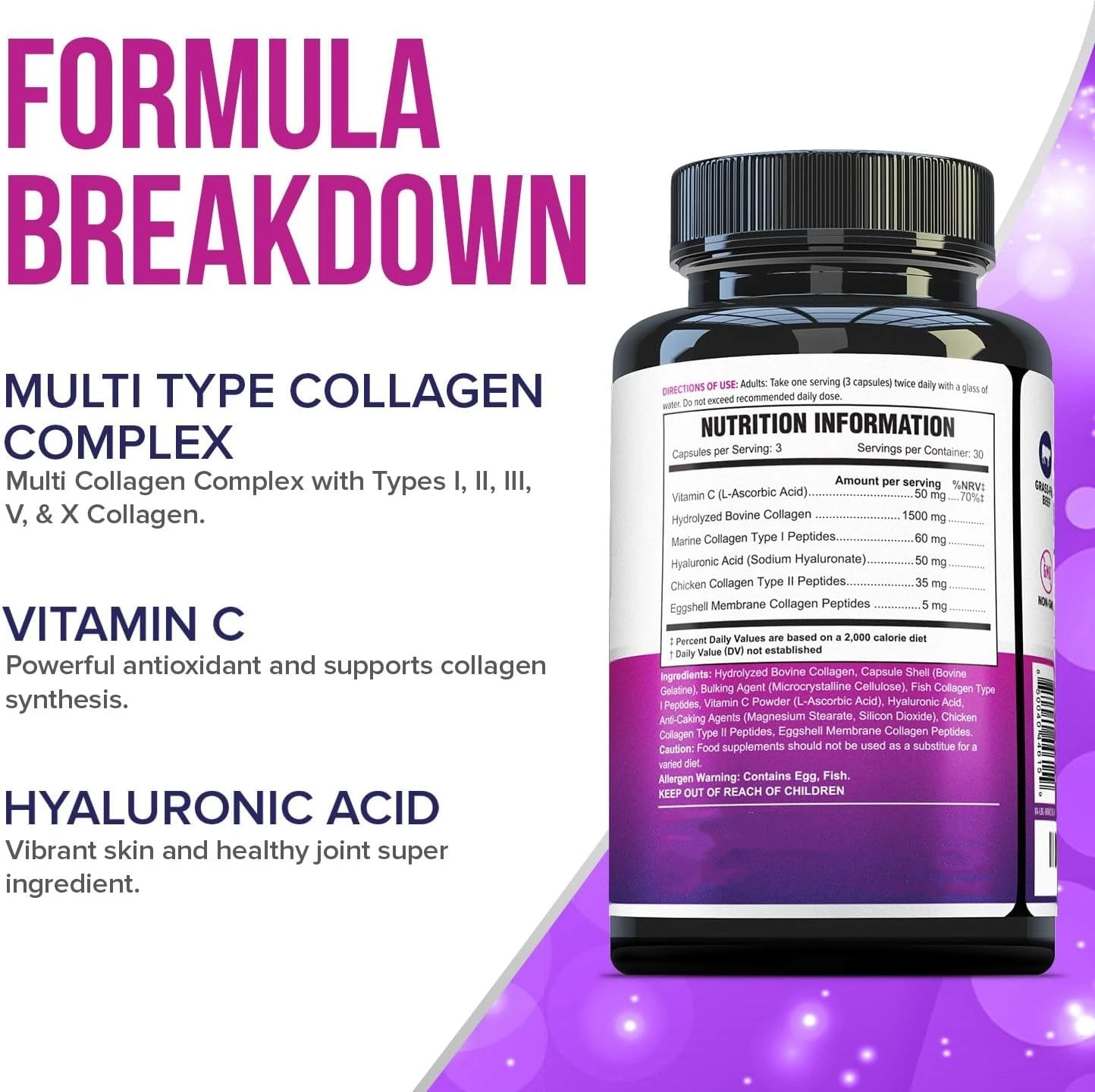 Customizable Hyaluronic Acid and Vitamin C Hydrolyzed Collagen Peptides Types I II III V X Multi Collagen Capsules