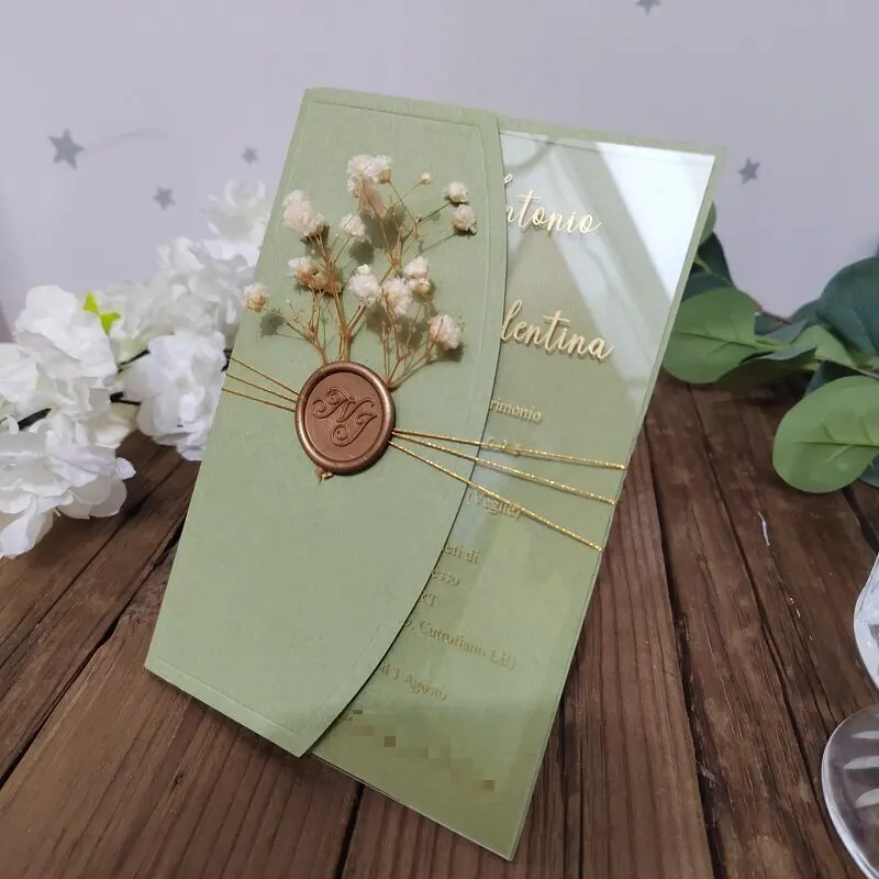 5*7Inches Gold Foil Acrylic Wedding Invitation Card with Sage Invitation Cover and Personalized Wax Seal Flower Decoration