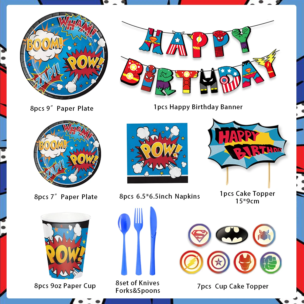 Nicro Super Hero Theme Kids Birthday Decoration Party Tableware Set Birthday Banner Cake Topper For Super Hero Party Supplies