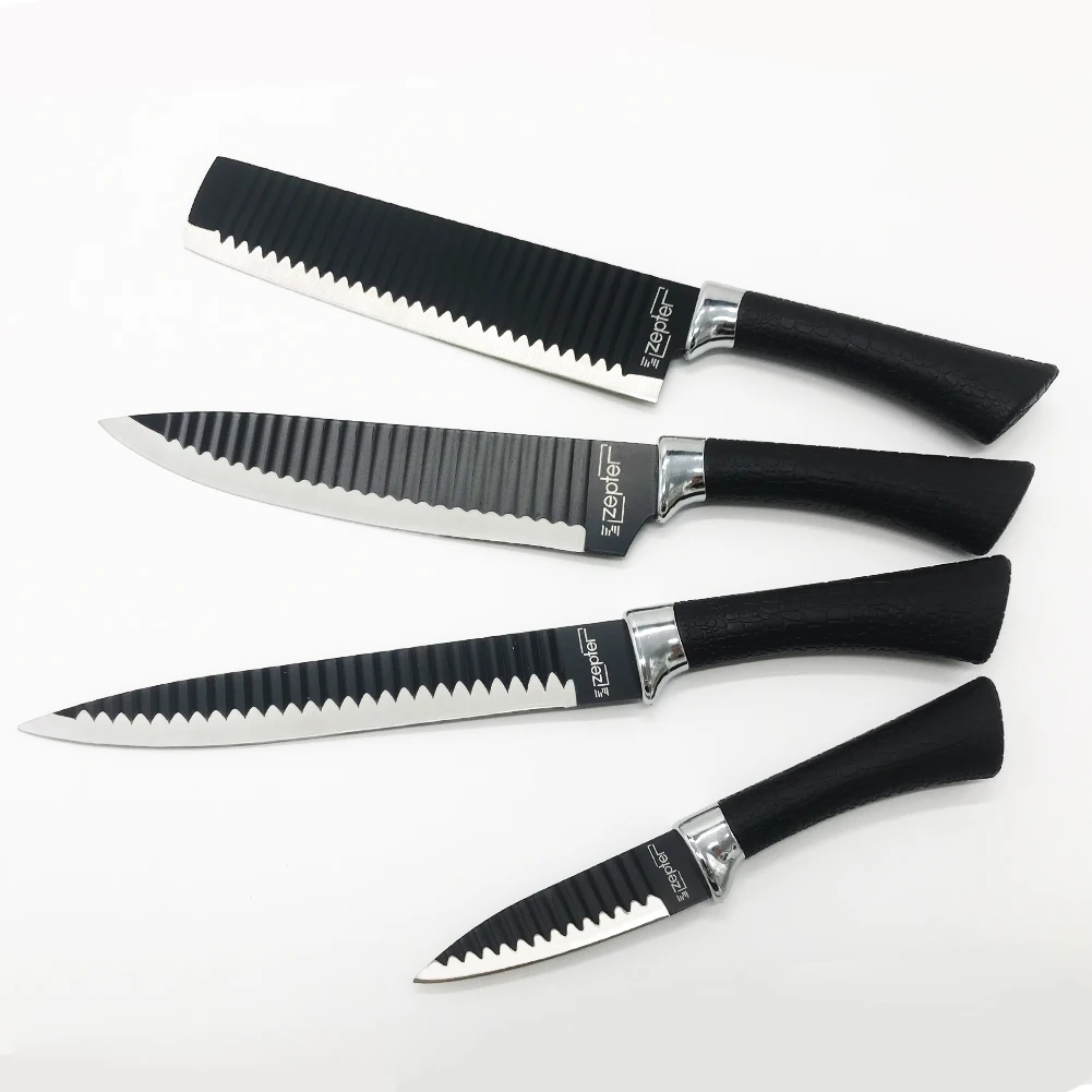 Amazon Hot sale Professional 6pcs kitchen knife set stainless steel black coating blade with non-stick and PP