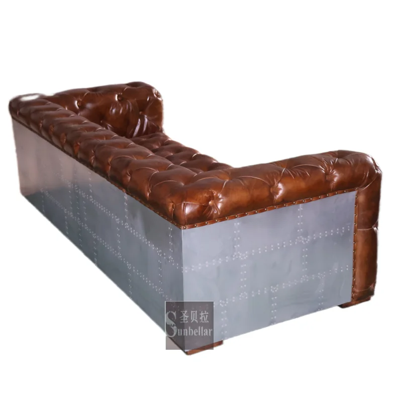 customized aviation furniture sofa tufted brown leather fully buttons Aluminium back loft industrial retro chesterfield sofa