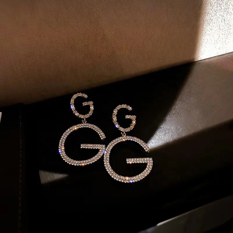 Latest Catalog Double G Famous Brand Designer Earring Long Gold Earrings Letter C B F G U Crystal Rhinestone Hoop Earrings