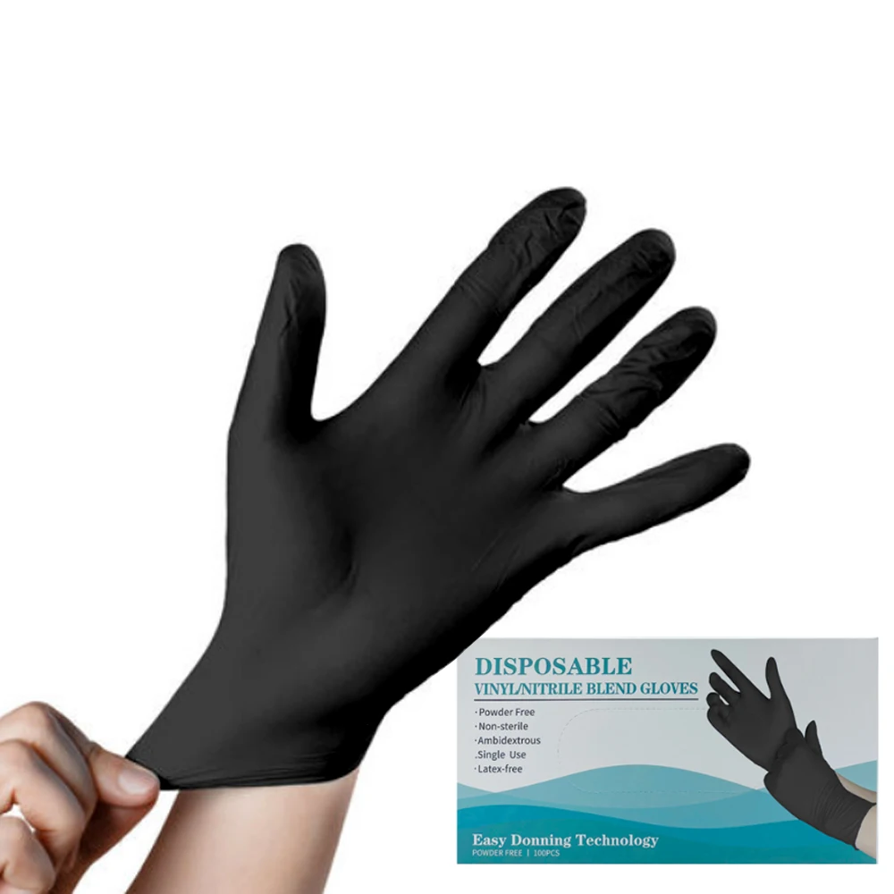 wholesale manufacturers  PVC synthetic disposable nitrile vinyl blend gloves clean black color