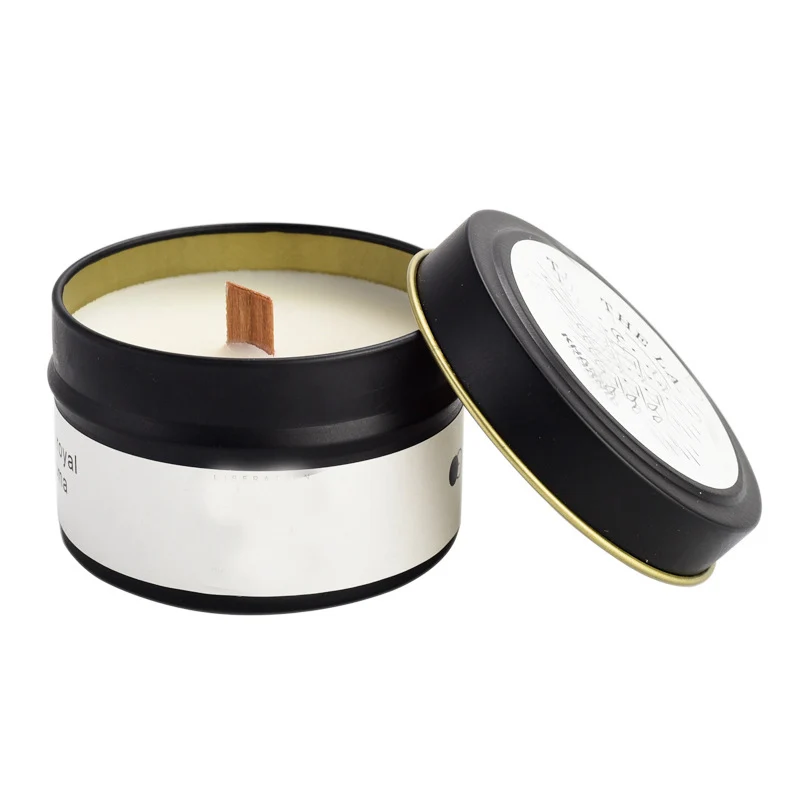 personalized labels black metal jar packaged scented candle with bamboo wooden wicks